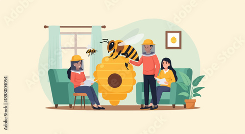 People in beekeeper suits study near a large bee and beehive in a room