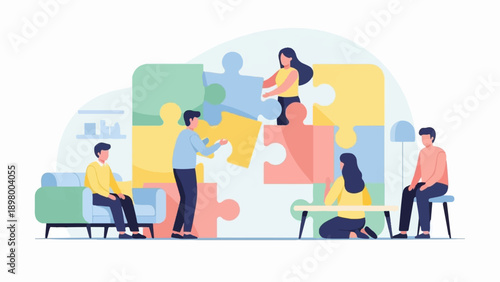 People collaborate to assemble a large, multi-colored puzzle in an indoor setting