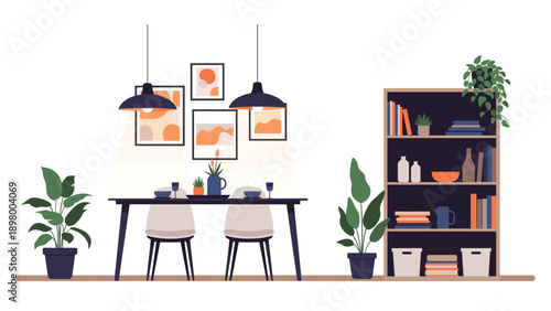 Stylish dining room interior with a bookshelf, hanging lamps, framed art, and various indoor plants.