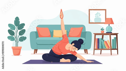 Woman doing yoga on mat in living room with couch, plants, and books