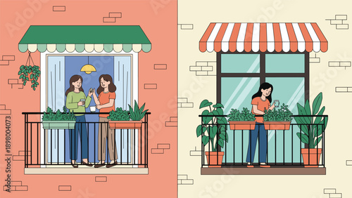 Daily life scene of people on their balconies tending to plants and chatting with neighbors in an apartment building.