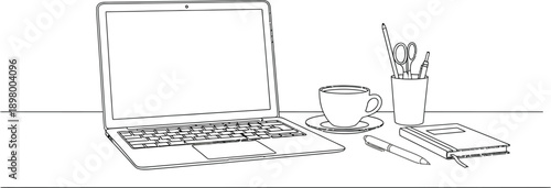Simple line art depiction of an organized minimalist desk setup featuring an open laptop coffee cup and essential writing tools ready for work