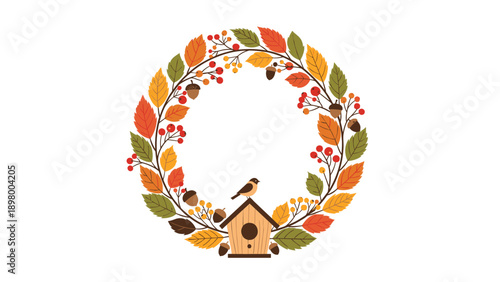 Festive autumn wreath composed of colorful fall leaves, berries, and acorns featuring a birdhouse and a bird.