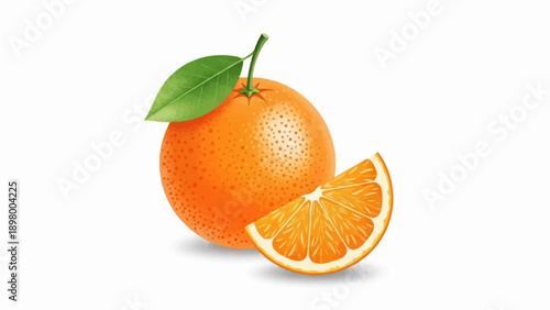 Whole and sliced juicy orange with green leaf on white background