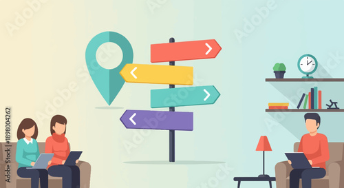 People making decisions at a crossroads with direction signs and office decor