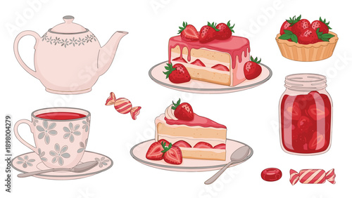 Charming tea time illustration with a teapot teacup slice of strawberry cake jam jar and candies on white background.