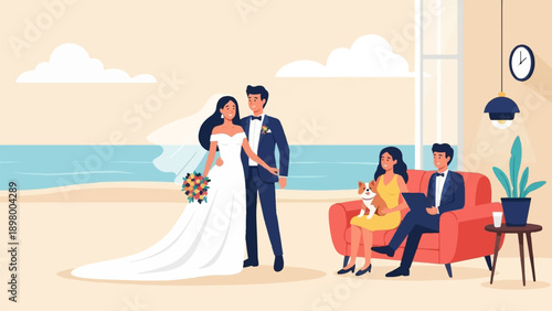 Newlyweds with guests and a dog at a beachside gathering