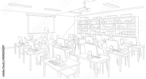 Teacher instructs young students using desktop computers in a well-equipped technology classroom setting during a lesson