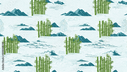 Traditional Japanese style pattern featuring green bamboo stalks and blue mountains on a light textured background.