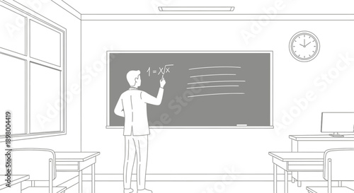 Male teacher dressed in business attire writing a complex algebraic equation involving a square root on a dark gray chalkboard inside a classroom setting