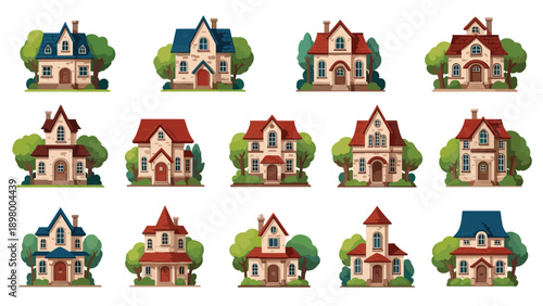 Collection of fifteen various cartoon style houses with different roof colors and designs surrounded by green trees.