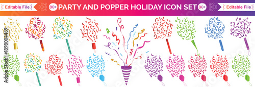 Set confetti party popper icon, fireworks logo, cap, flat design. Vector illustration isolated on white background.