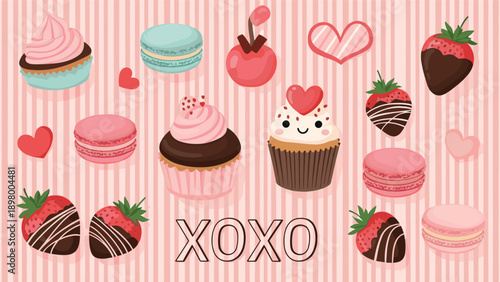 Selection of romantic Valentine's Day treats including cupcakes macarons and chocolate strawberries on pink stripes.