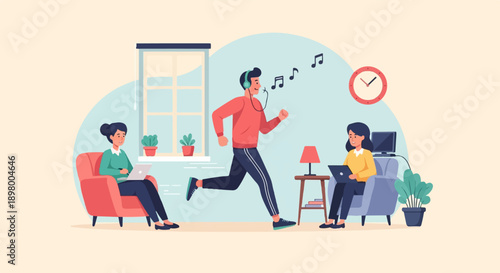 People in a room working and exercising with music