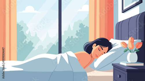 Peaceful morning A woman sleeps soundly as sunlight streams through the window