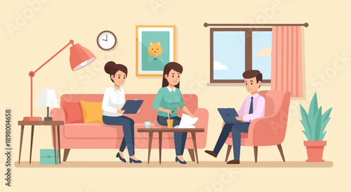 People collaborating and working in a cozy living room setting