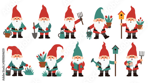 Large set of cute garden gnomes engaged in different activities like watering plants digging and holding flowers.