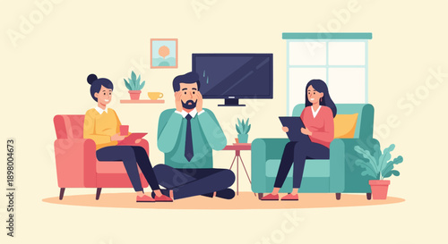 People in a session with a therapist in a living room setting