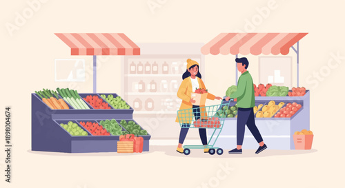 People shop for fresh produce at a grocery store with colorful fruits and vegetables