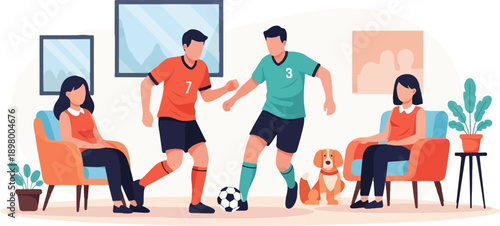 People watch soccer players on television and a dog sits nearby