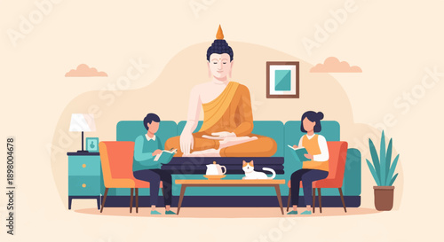 Peaceful living room scene with a Buddha statue and people reading