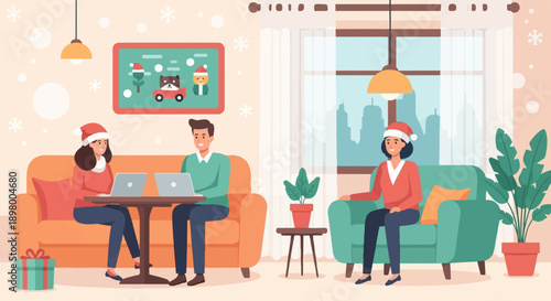 People wearing Santa hats working on laptops in a cozy, festive living room