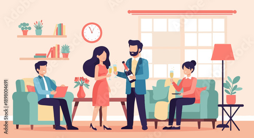 People enjoying drinks and conversation in a cozy living room