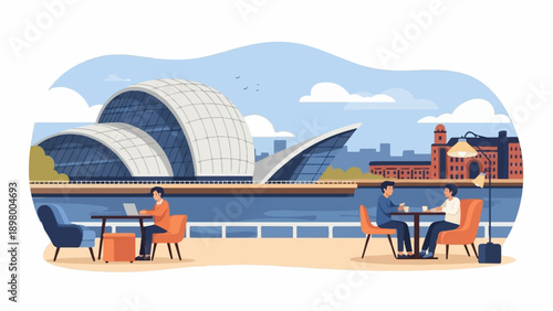 People enjoying drinks by a waterfront with modern architecture in background