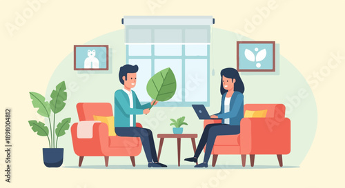 People in a room with a plant, a leaf, and a laptop, seated on chairs