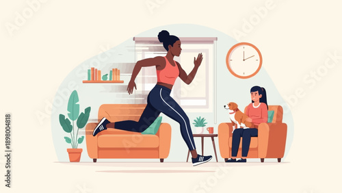 Woman running indoors, woman with dog relaxing on sofa, interior scene