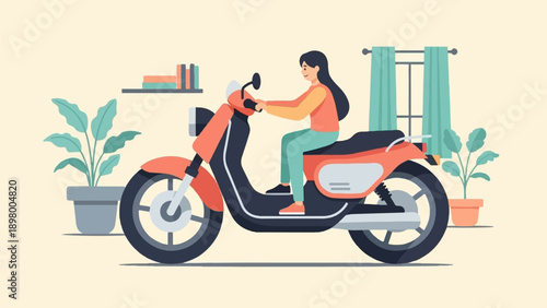 Woman riding scooter in room with plants, books, and window