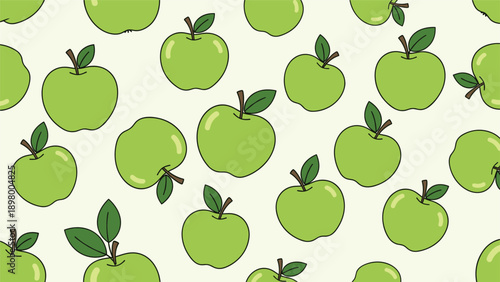 Cheerful seamless pattern of fresh green apples with leaves scattered randomly across a light green background.