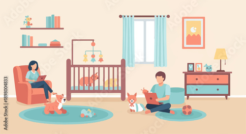 Nursery scene with parents, dogs, crib, and toys; relaxed atmosphere