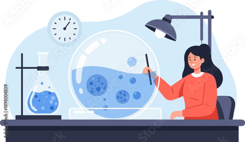 Woman scientist working with samples in lab with flasks and bubbles