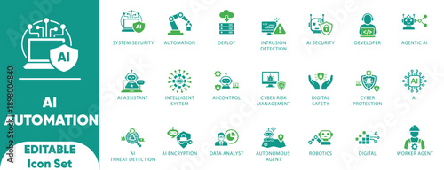 AI Automation solid icon set.AI,Robotics,Automation,Technology,Security,System,and vector.