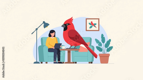 Woman sits on couch with laptop as large cardinal perches on table