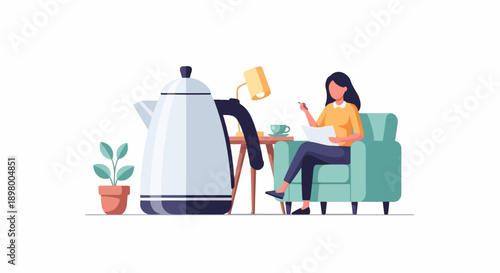 Woman sitting in armchair with papers and a cup of tea next to a kettle