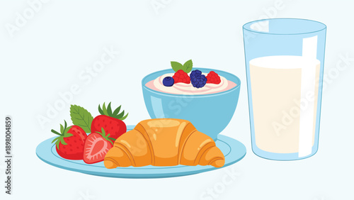 Healthy breakfast scene with a glass of milk bowl of fruit yogurt a croissant and fresh strawberries on a plate.