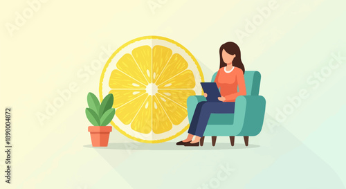 Woman sitting in armchair reading near a large lemon slice and plant