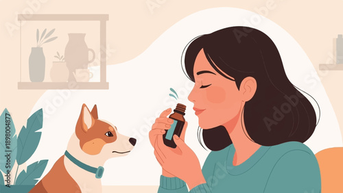 Woman smelling a bottle near a dog, with plants and shelves in the background