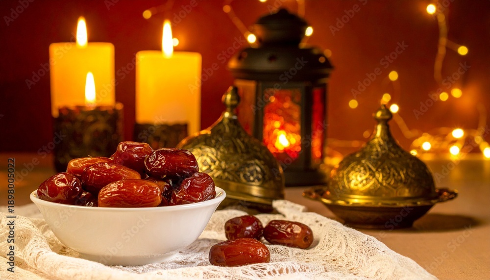 Fototapeta premium Traditional Ramadan still life with dates on a plate, glowing lanterns and candles, warm golden light, festive Islamic decor, serene evening atmosphere, spiritual, elegant