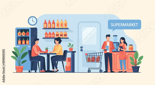 People shopping in a flat design supermarket with products on shelves and a clock