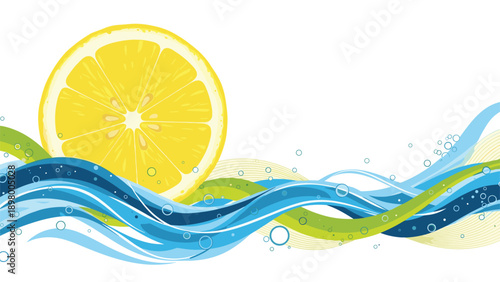 Refreshing graphic of a large lemon slice placed over stylized blue and green water waves on a white background.