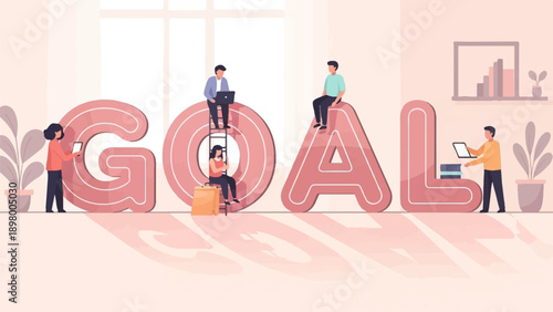 People interacting with giant letters spelling "GOAL", representing success and ambition