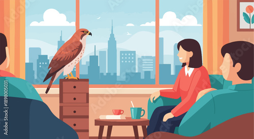 People sit in a room with a bird of prey and cityscape view