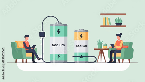 People interacting with large batteries in a minimalist room setting