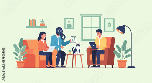 People in a room, one wearing a gas mask, others on laptops