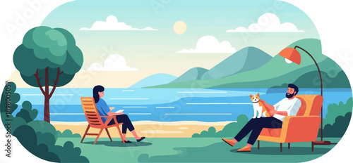 Peaceful lakeside scene with a couple relaxing with a dog