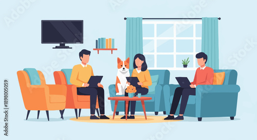 People and dog in living room with technology and decor
