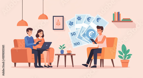 People interacting with finances and technology at home